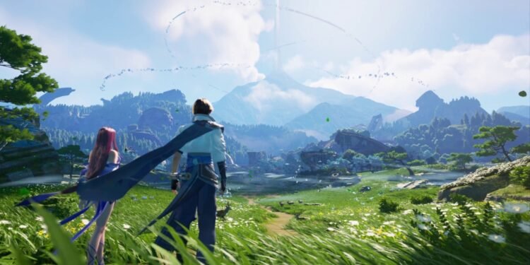 Scenary from Honor of Kings: World with 2 characters observing a mountain