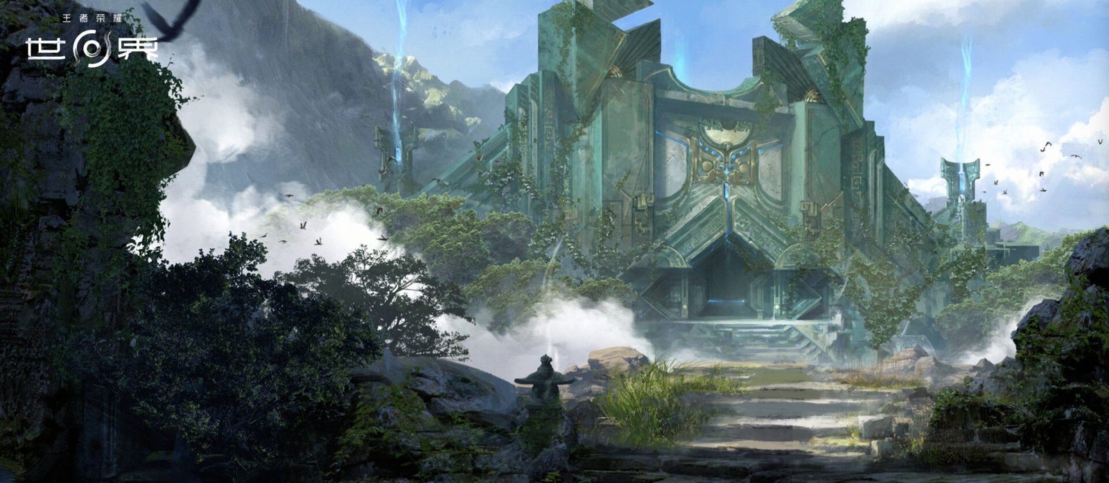 Honor of Kings World scenary with an ancient technological temple in the depths of the forest