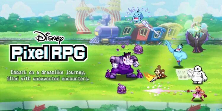 Disney Pixel RPG. Mickey Mouse and more character facing an enemy