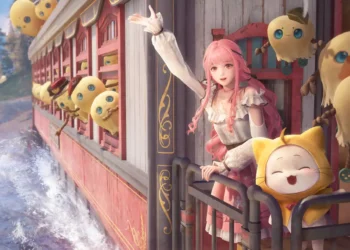 pink-haired anime girl waving on a train with a cat in costume