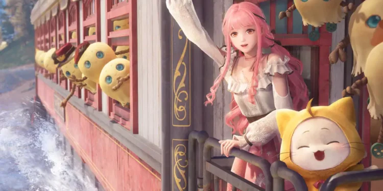 pink-haired anime girl waving on a train with a cat in costume