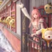pink-haired anime girl waving on a train with a cat in costume