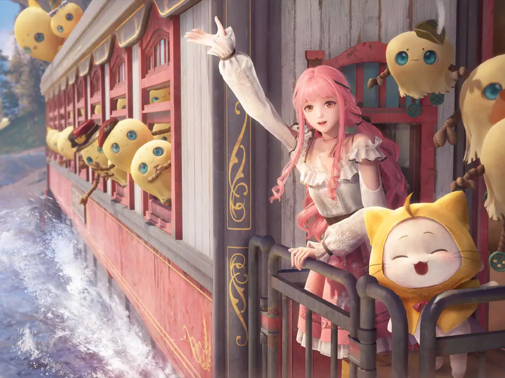 pink-haired anime girl waving on a train with a cat in costume