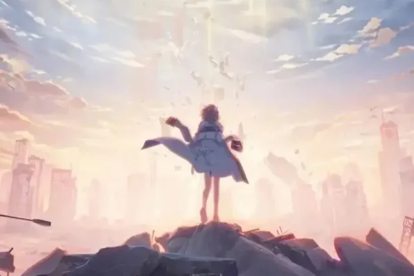 anime girl on a mountain of rubble looking down on a city