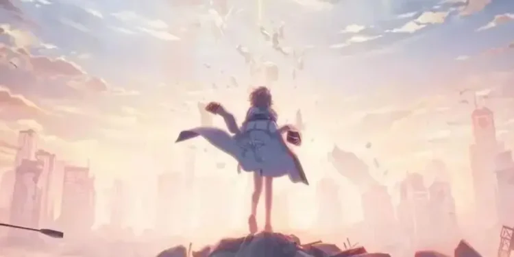 anime girl on a mountain of rubble looking down on a city