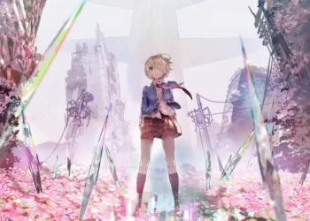 anime blonde girl as the main protagonist surrounded by swords