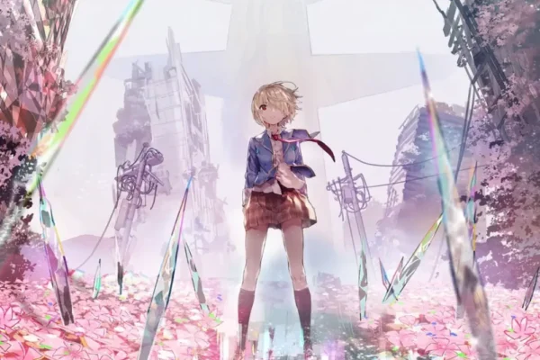 anime blonde girl as the main protagonist surrounded by swords