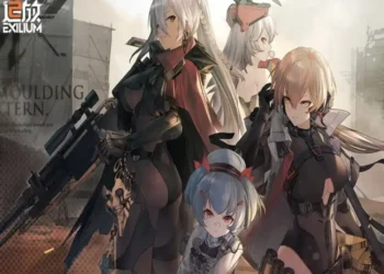four anime girls dressed in military costumes and weapons